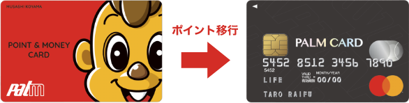 「PALM POINT  &MONEY CARD（赤いカード）」から「PALM CARD（黒いカード）」へポイントを移行できます。ポイント移行はパルム会館1階ポイントサービスセンターで可能です。